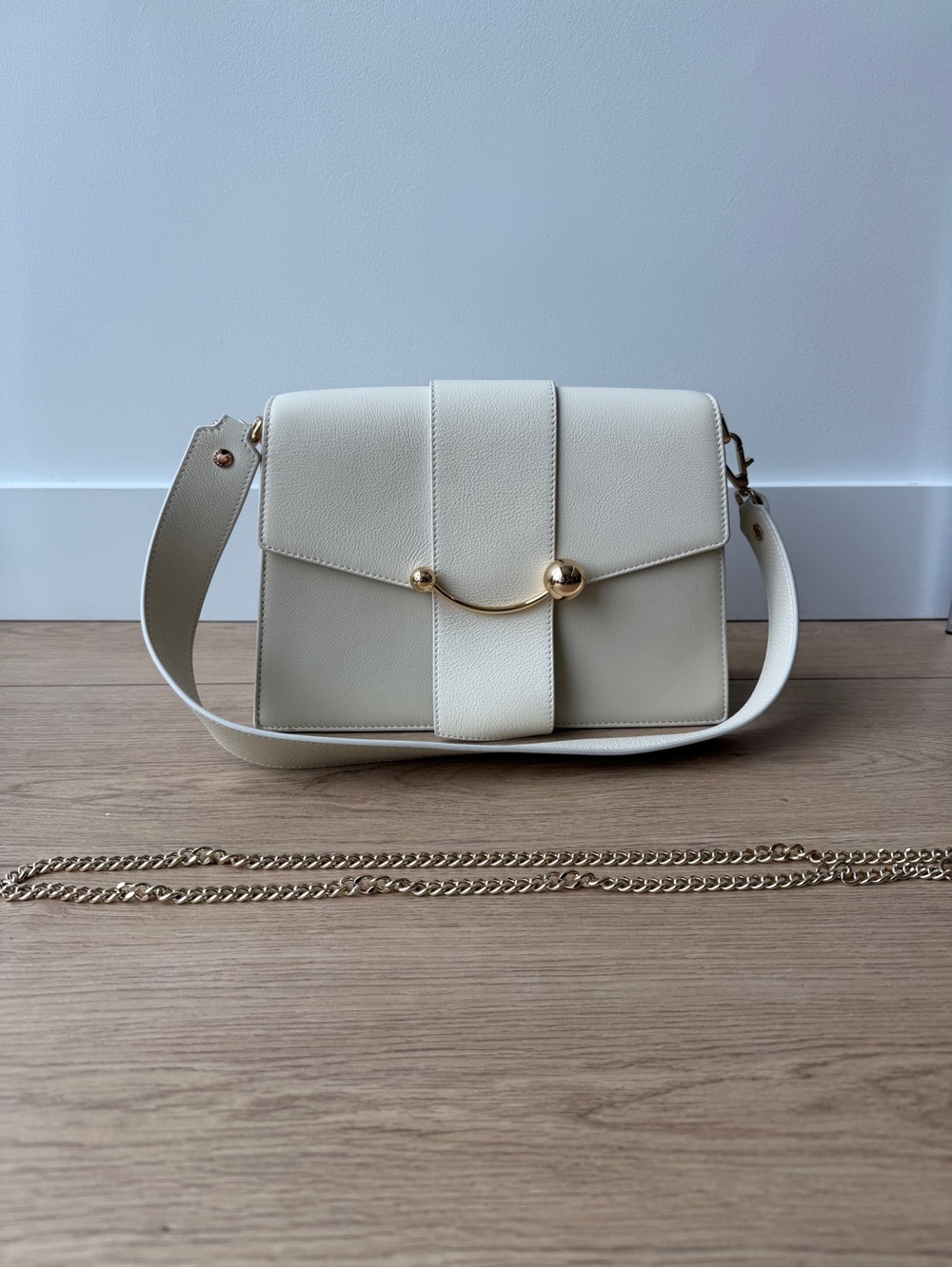 Strathberry Box Crescent in Vanilla/Diamond with Gold Hardware